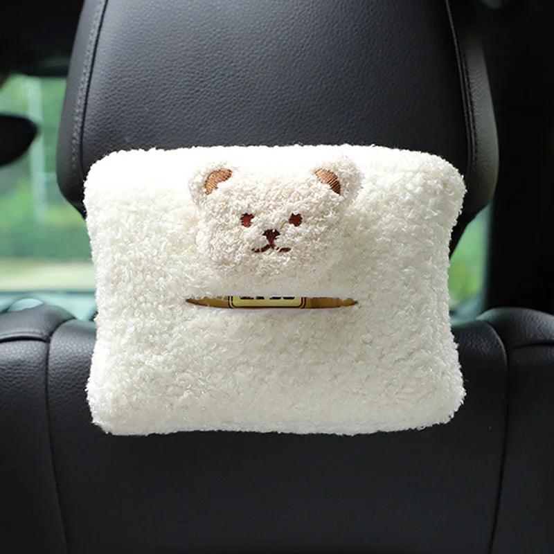 Plush Bear Car Tissue Box Holder - Headrest Hanging Napkin Organizer