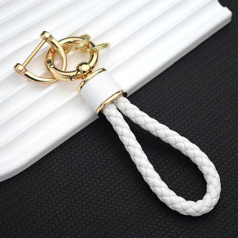 Braided Leather Keychain Loop with Metal Ring - Golden - White