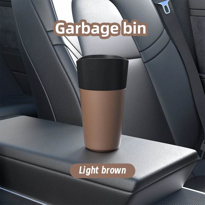 Mini Leather Car Trash Can – Waterproof Dust Bin & Storage Box, Colorful Design - Light brown