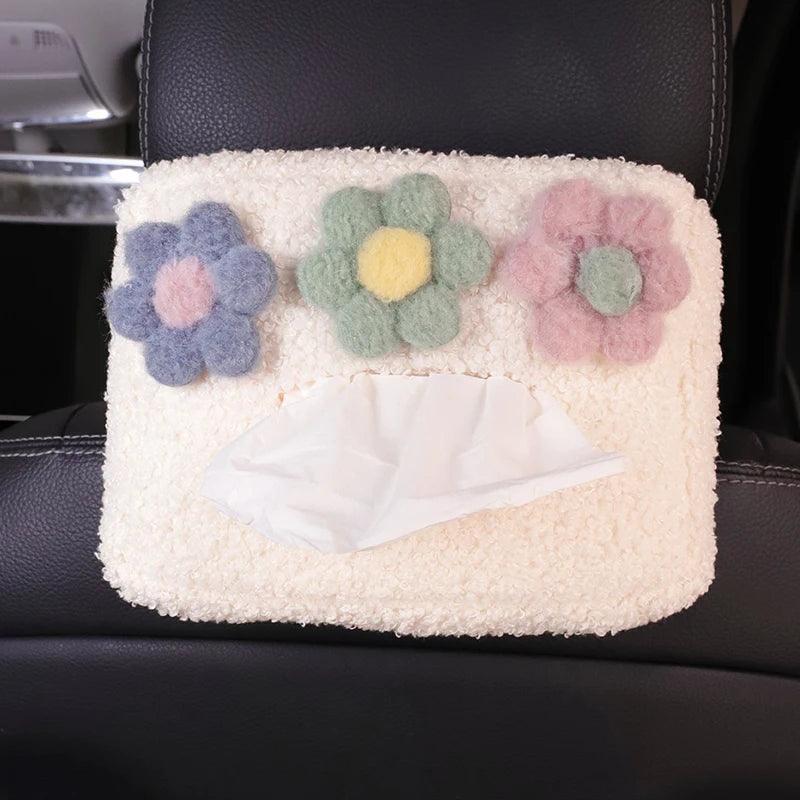 Cartoon Plush Flower Car Headrest Tissue Box Holder Visor Organizer