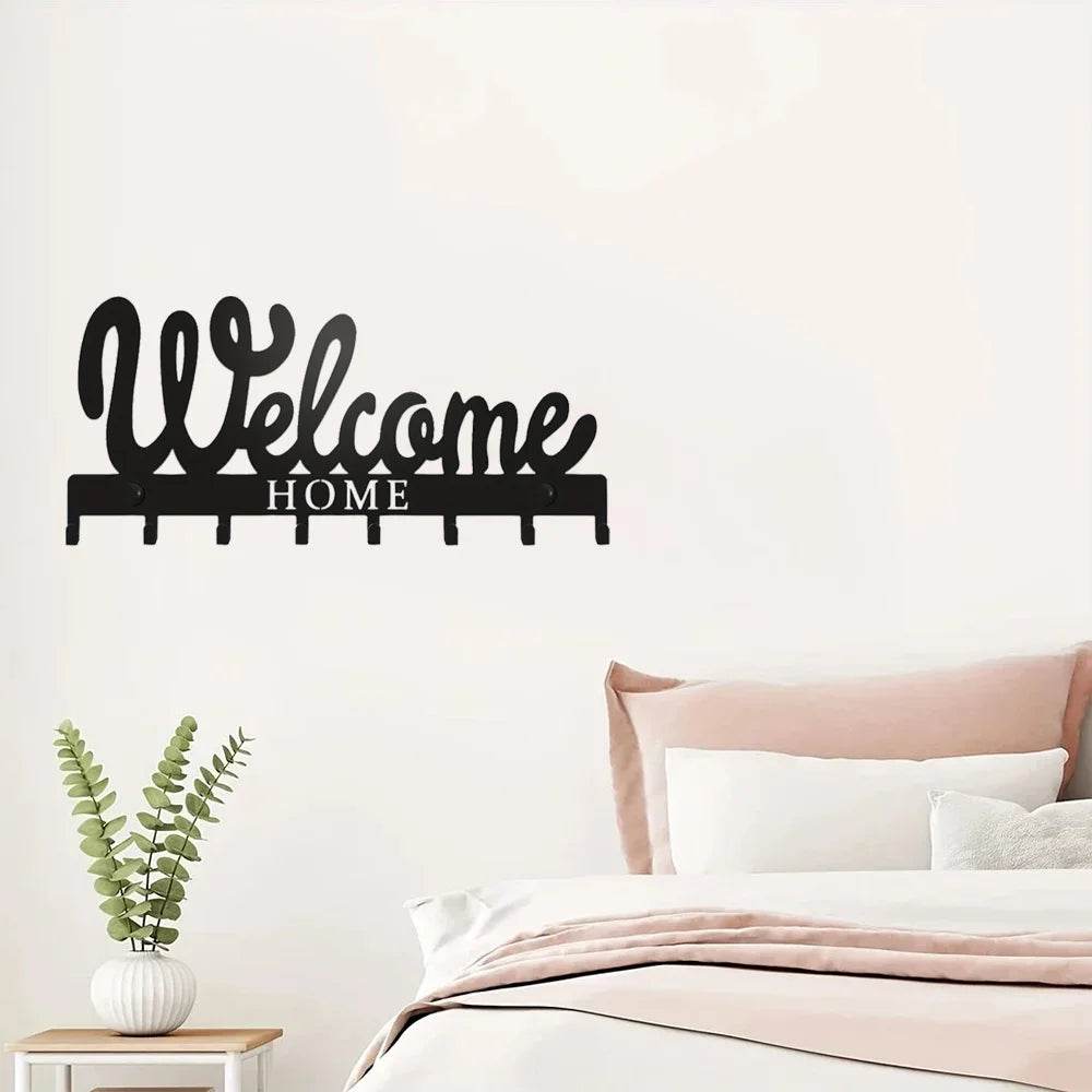 Black Metal Wall Key Holder – WELCOME Design with 8 Hooks - A