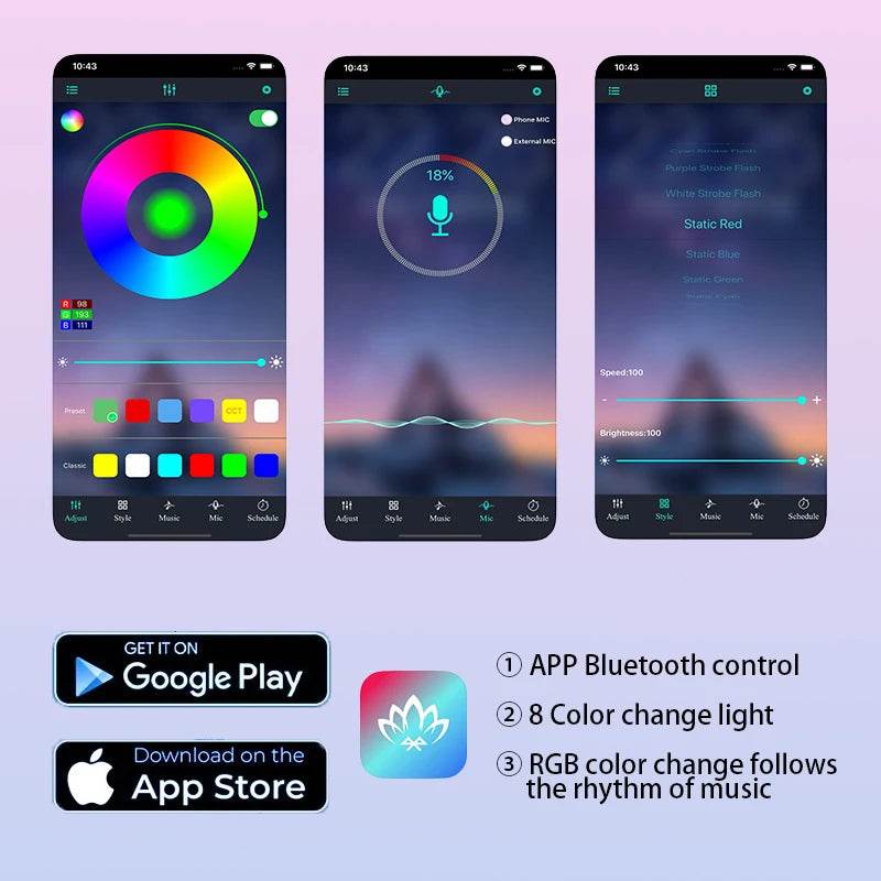 LED Car Interior Music Light Strip – 48 RGB LEDs, USB, Bluetooth APP Control - USB Power