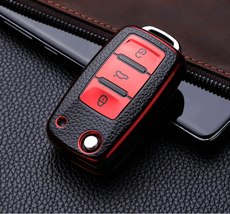 Volkswagen Leather Car Key Case – Full Cover - Black Red