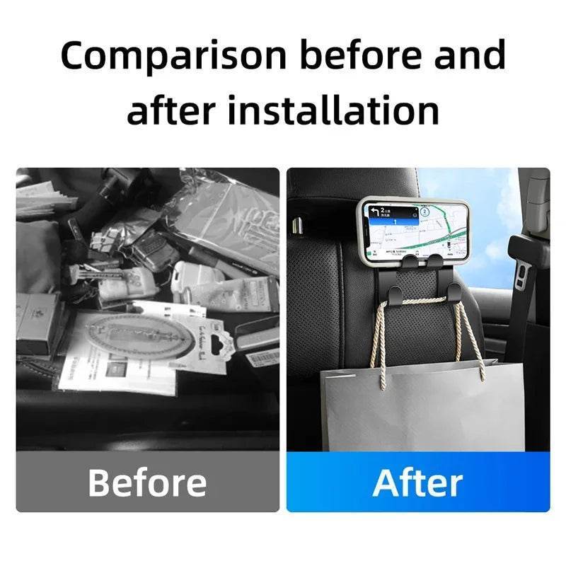 Car Seat Hook & Phone Holder | Rear Headrest Bracket for All Phones -