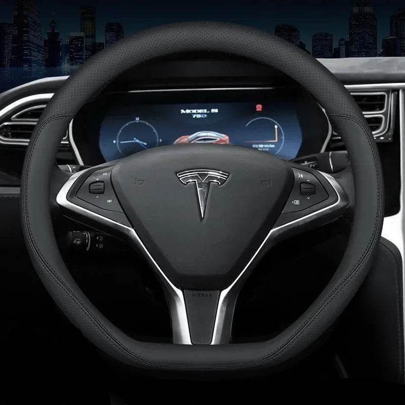 Tesla Premium Leather Steering Wheel Cover - 36 D BLACK