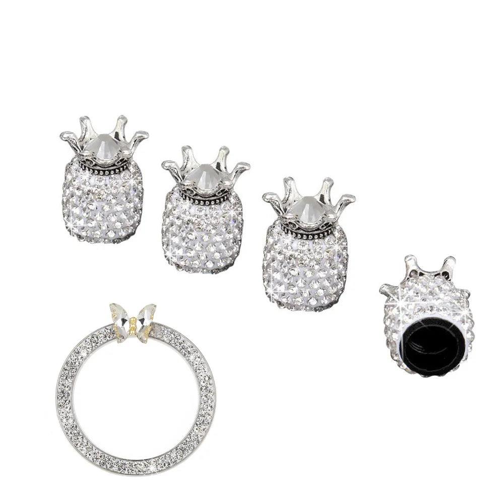 5PCS Diamond Crown Tire Valve Caps + Rhinestone Start Button Set