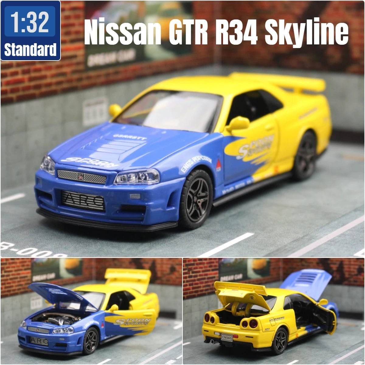 Nissan Skyline GTR R34 – 1:32 Diecast Car Toy with Light & Sound - Yellow