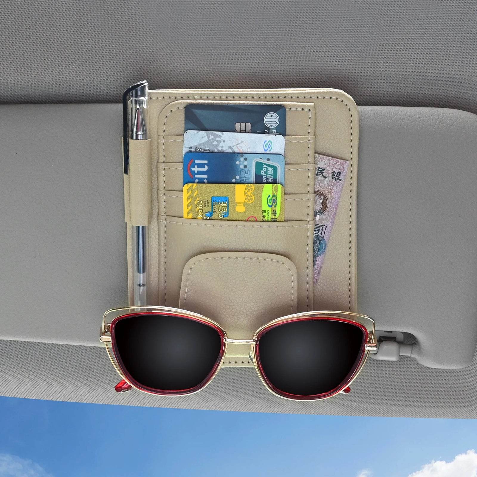 Multi-Pocket Car Visor Organizer – for Cards, Glasses & Essentials - Grey