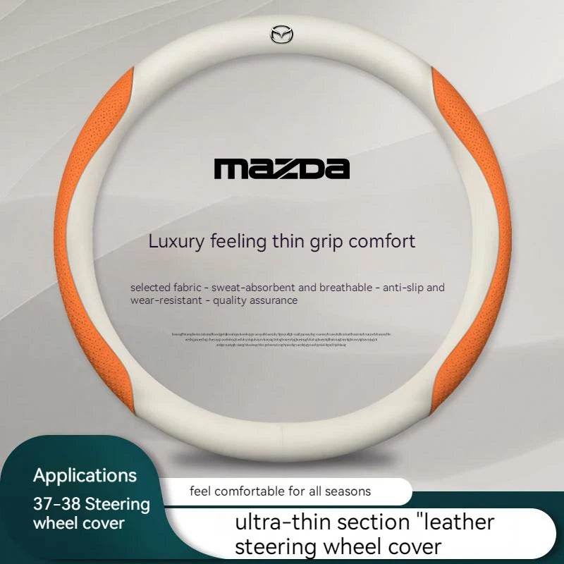 Mazda Carbon Fiber Leather Steering Wheel Cover – Fits 3, 5, 6, CX-5, CX-30, RX-8, BT-50 & More - Style B orange