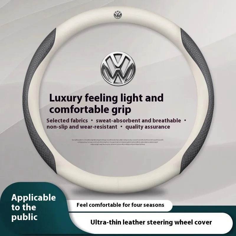 Volkswagen Carbon Fiber Leather Steering Wheel Cover - O Emboss White
