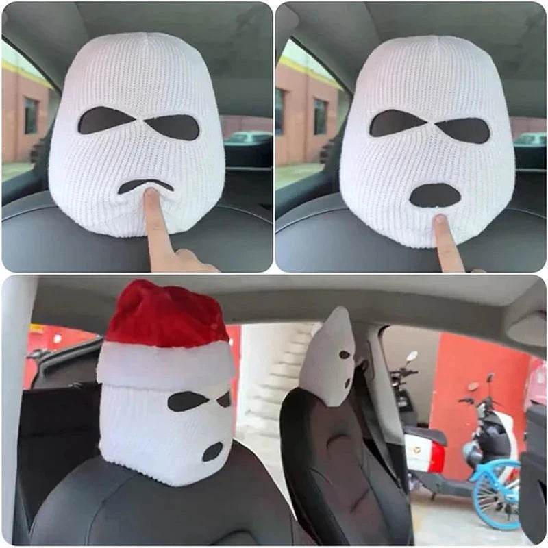 3-Hole Funny Car Seat Headrest Cover – Full Face Ski Mask Design - White