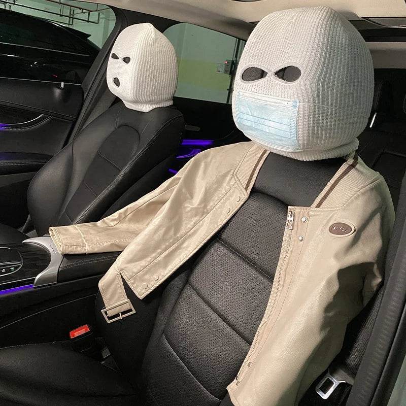 3-Hole Funny Car Seat Headrest Cover – Full Face Ski Mask Design - White