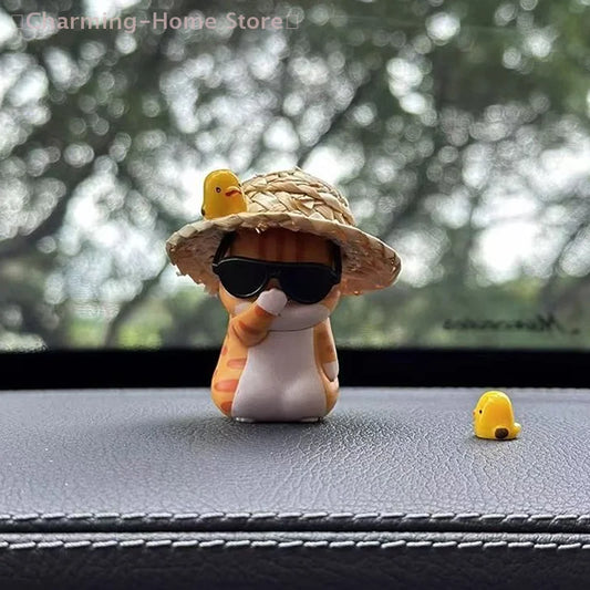 Straw Hat Cat Car Mirror Pendant