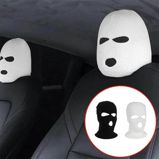 3-Hole Funny Car Seat Headrest Cover – Full Face Ski Mask Design - White