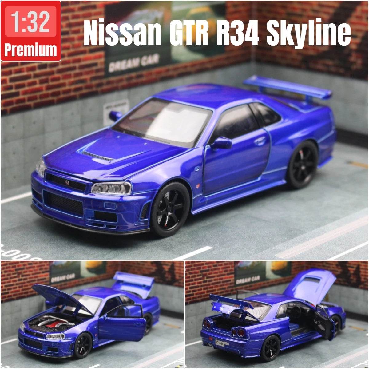 Nissan Skyline GTR R34 – 1:32 Diecast Car Toy with Light & Sound - Blue
