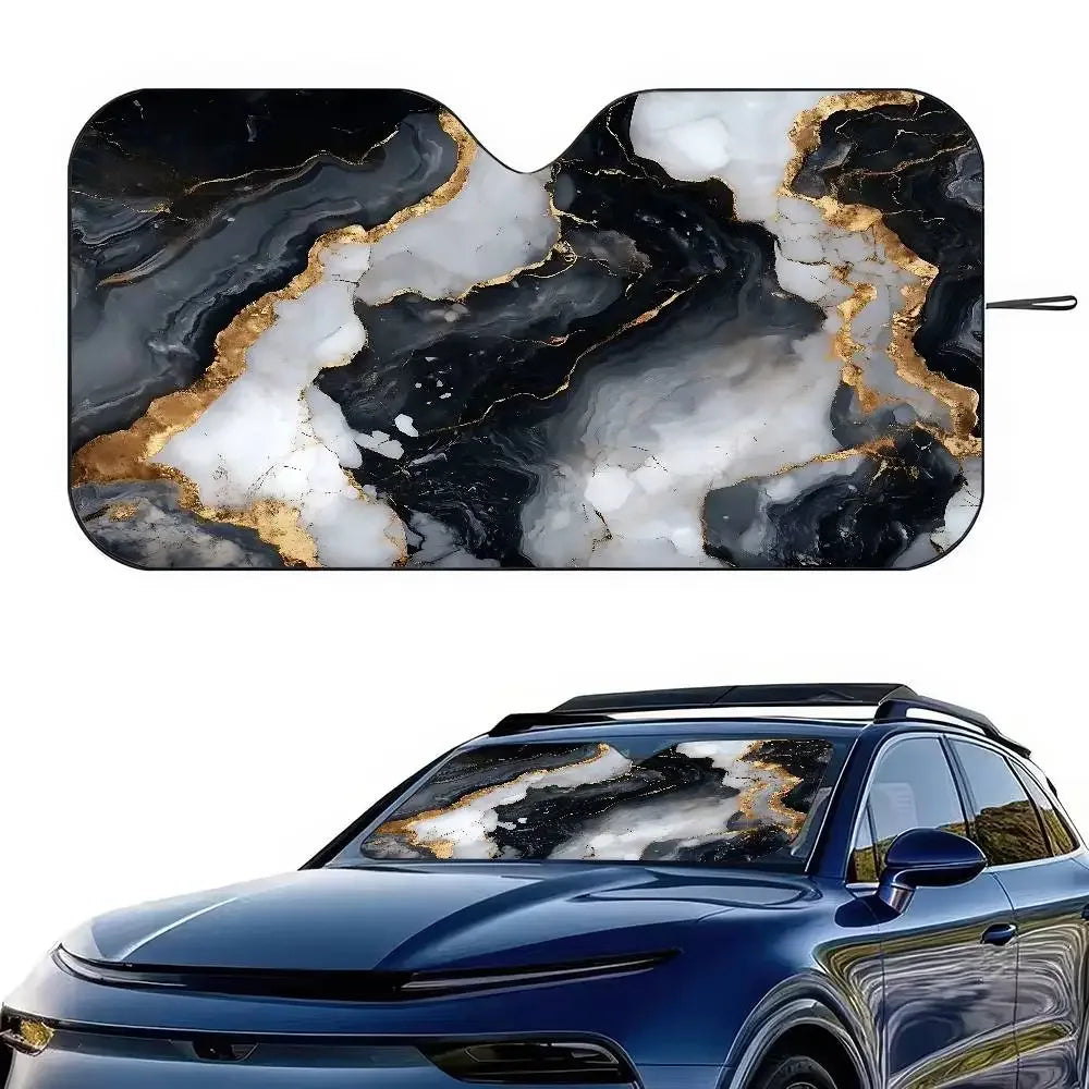 Universal Marble Black Gold Windshield Sunshade - Foldable UV Car - L
