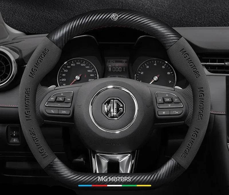 MG Carbon Fiber & Suede Steering Wheel Cover - Black Leather round