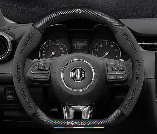 MG Carbon Fiber & Suede Steering Wheel Cover - Black Leather round
