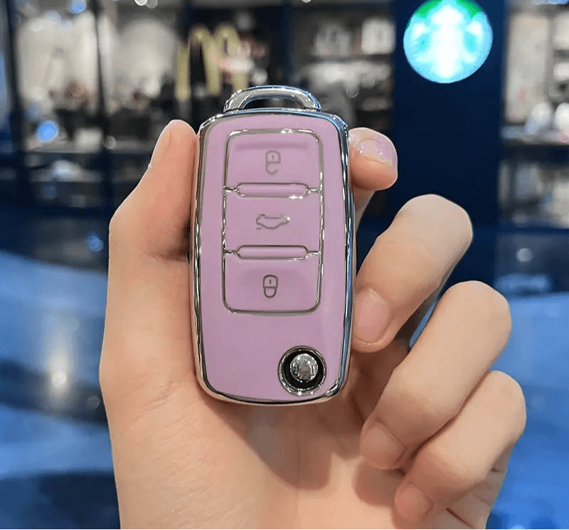 Volkswagen Leather Car Key Case – Full Cover - Silver Purple
