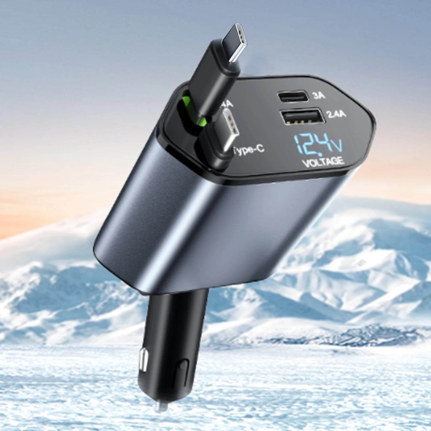 120W Fast Car Charger 4-in-1 with Retractable Cable, Dual USB & Dual Type-C -