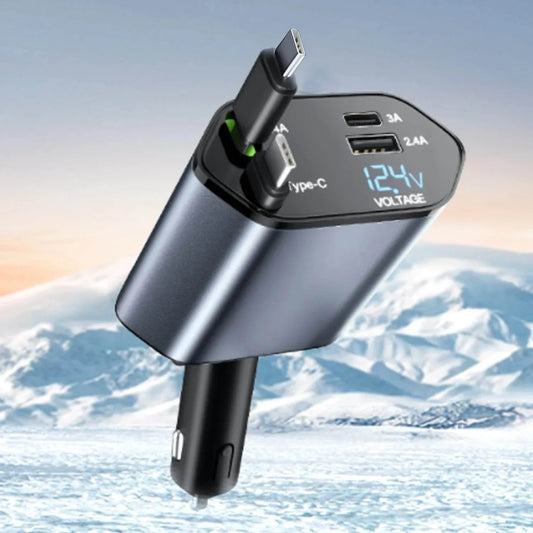120W Fast Car Charger 4-in-1 with Retractable Cable, Dual USB & Dual Type-C -
