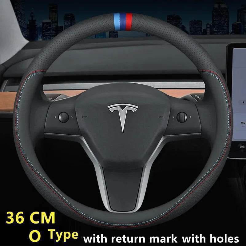 Tesla Premium Leather Steering Wheel Cover - 36 O BLACK