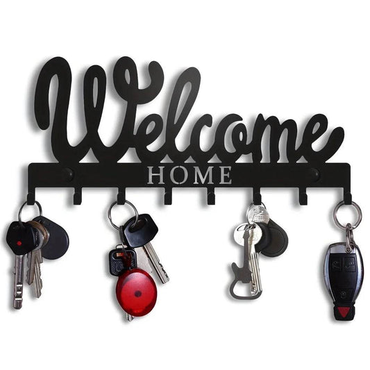 Black Metal Wall Key Holder – WELCOME Design with 8 Hooks - A