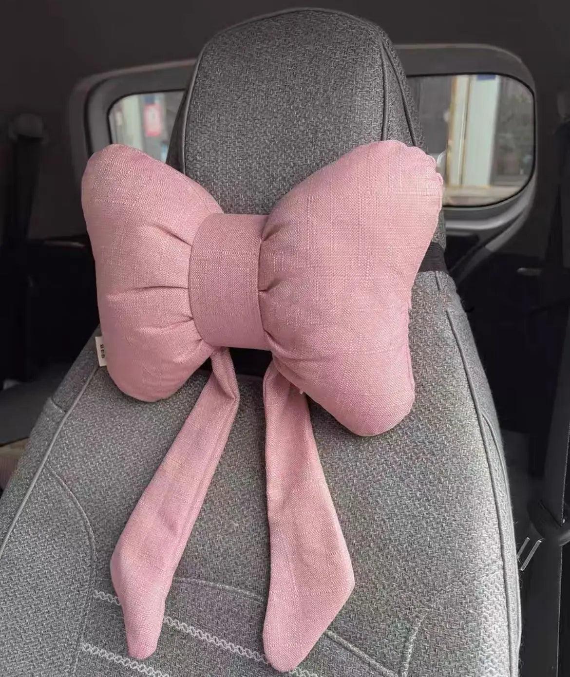 Butterfly Bow Tie Cotton Linen Car Neck Pillow Head Restraint - Pink-Headrest