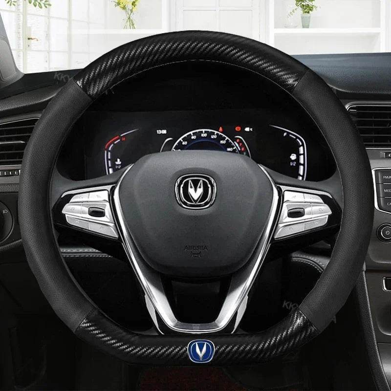 Carbon Fiber Leather Steering Wheel Cover with 3D Logo – Fits CS75 PLUS, CS95, CS35, Alsvin, CS15, CS55, Eado - Round