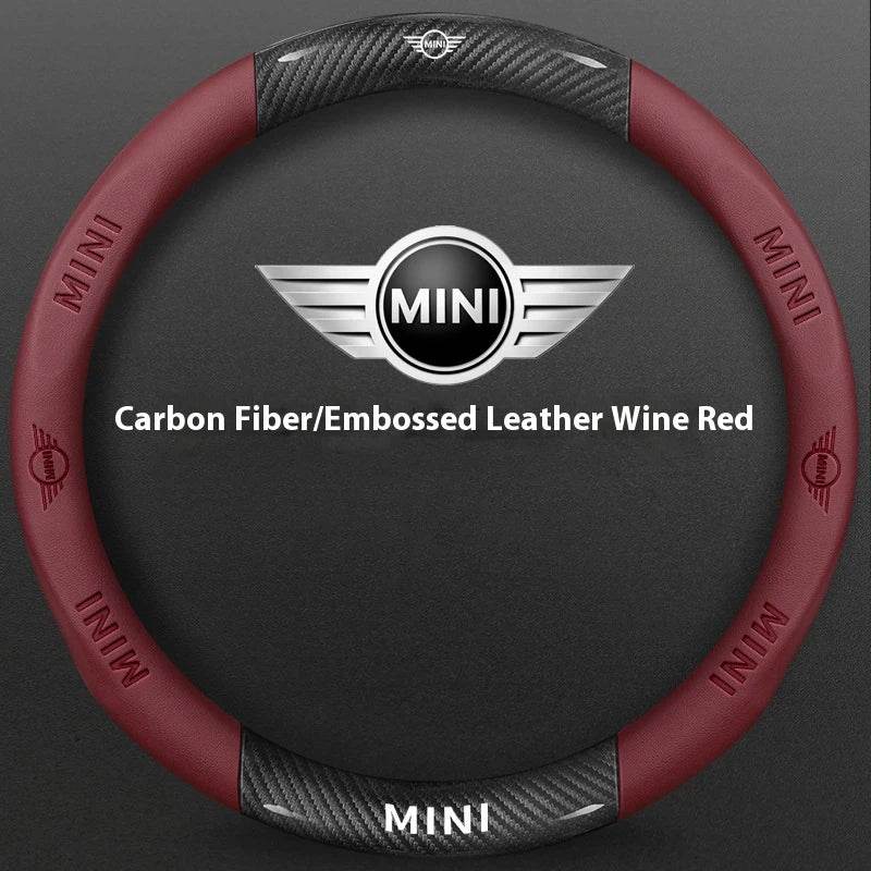 MINI Cooper Carbon Fiber Leather Steering Wheel Cover - Carbon Wine Red