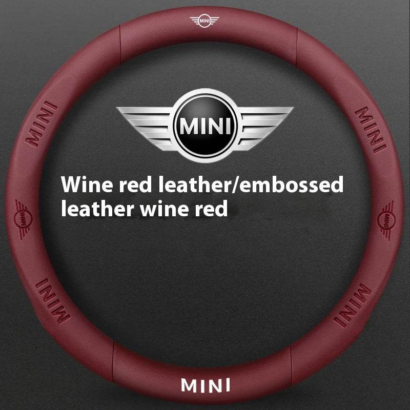 MINI Cooper Carbon Fiber Leather Steering Wheel Cover - Leather Wine Red