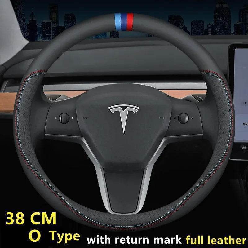 Tesla Premium Leather Steering Wheel Cover - 36 O BLACK