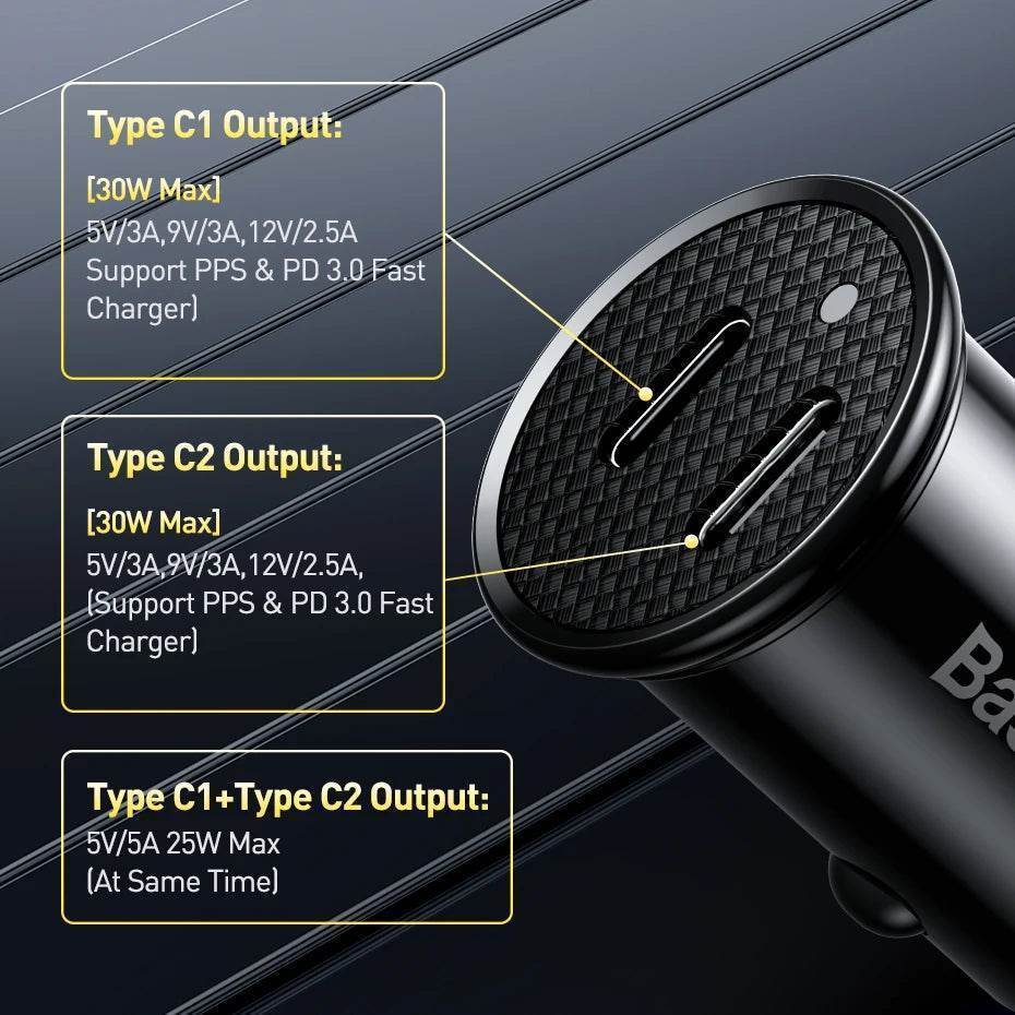 Baseus 30W Car Charger Dual USB-C | Fast PD Charging for iPhone, Samsung, Xiaomi -