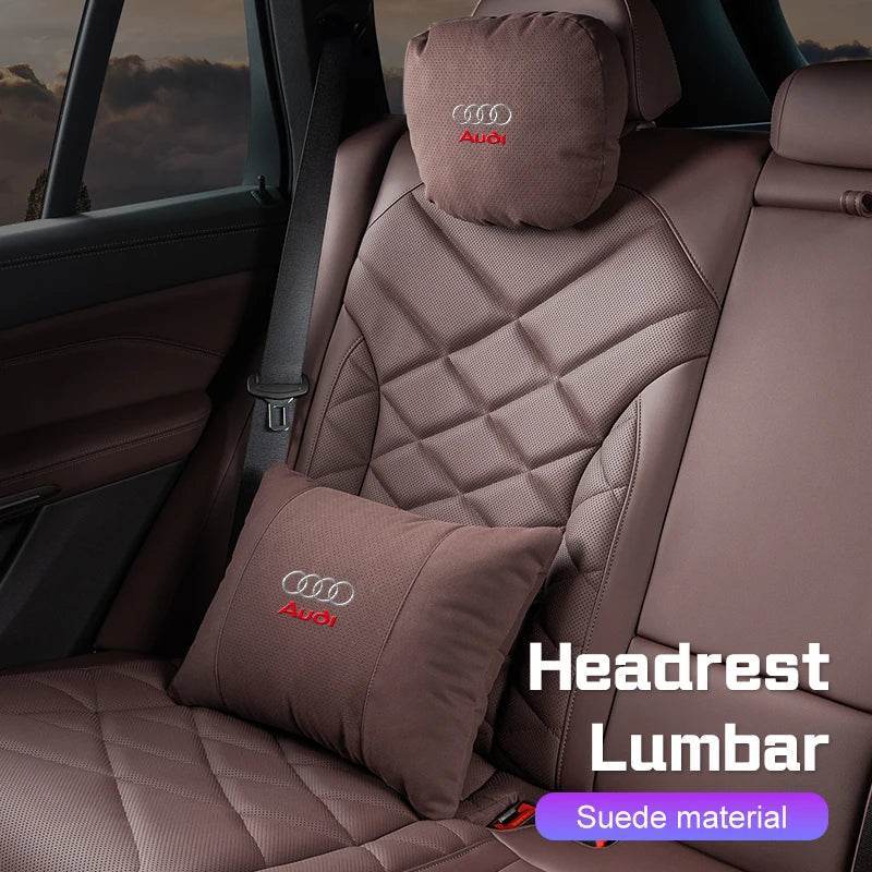 Suede Car Neck Pillow & Lumbar Support for Audi A3 A4 A5 A6 A7 A8 Q2 Q3 Q5 Q7 Q8 TT SQ5 Spine Protection - headrest 1pc brown