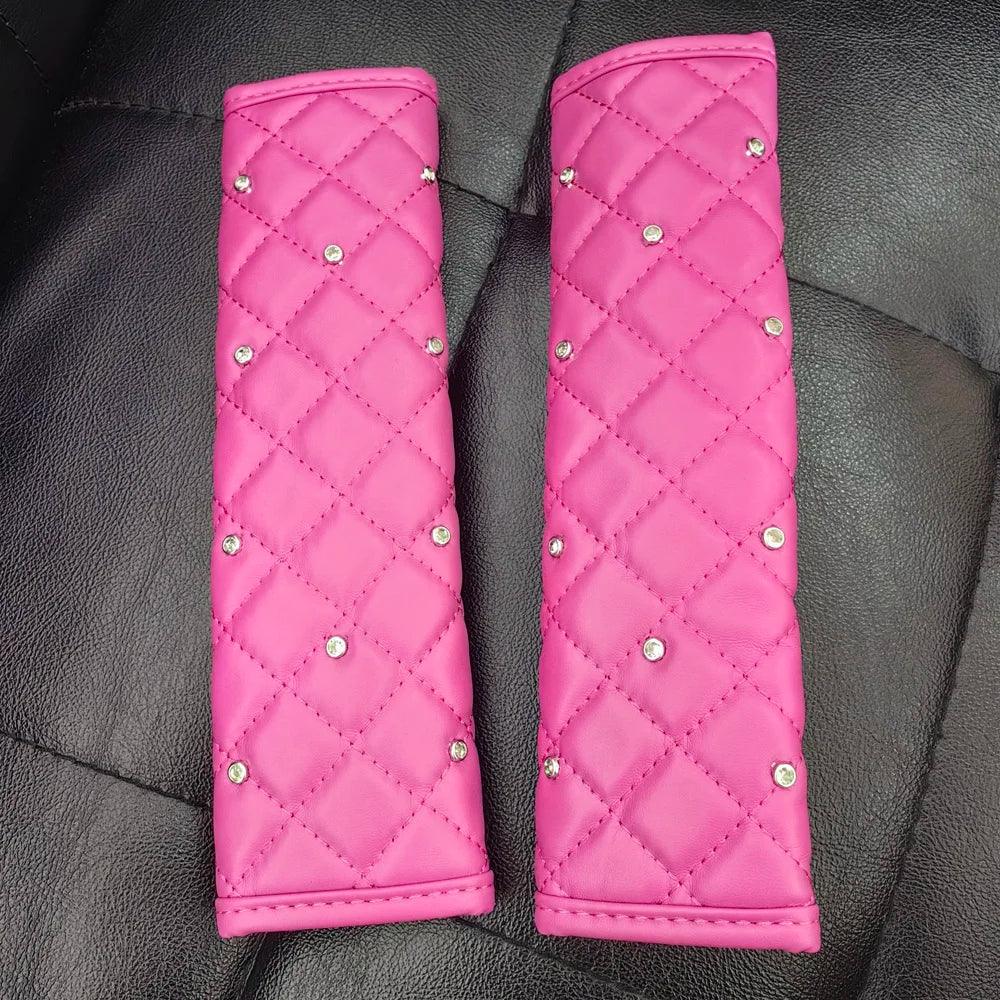 2pc Diamond Crystal Car Seat Belt Covers Soft Leather Shoulder Pads