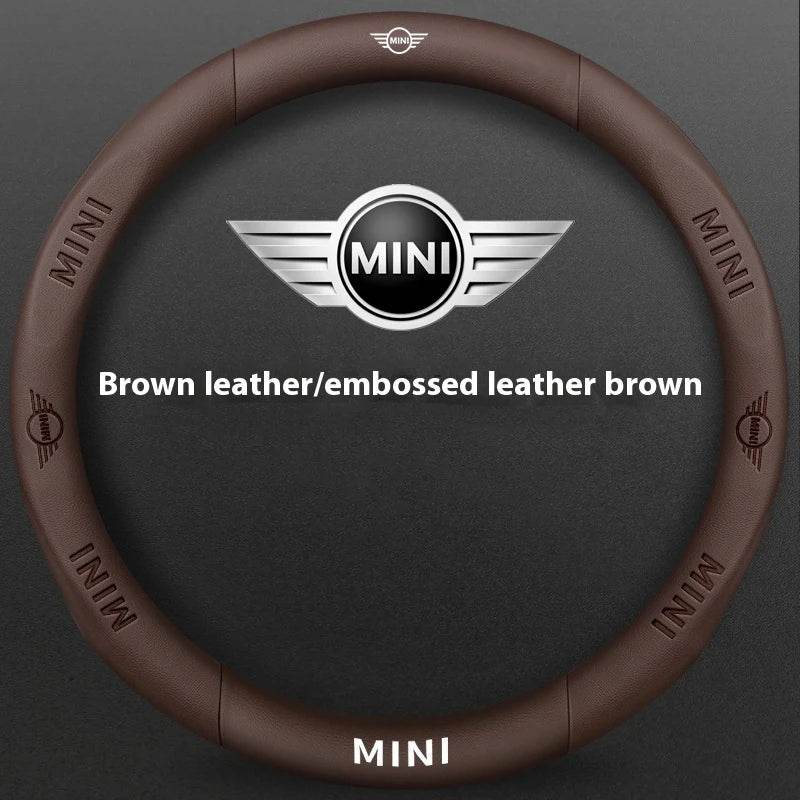MINI Cooper Carbon Fiber Leather Steering Wheel Cover - Leather Brown