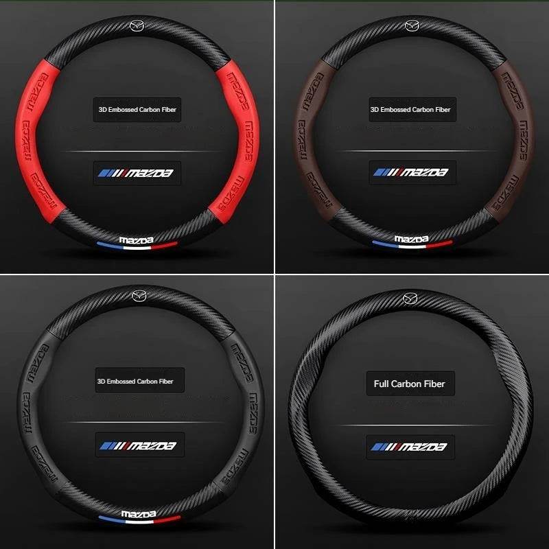 Mazda Carbon Fiber Leather Steering Wheel Cover – Fits 3, 5, 6, CX-5, CX-30, MX-5, RX-8, BT-50 - Carbon fiber