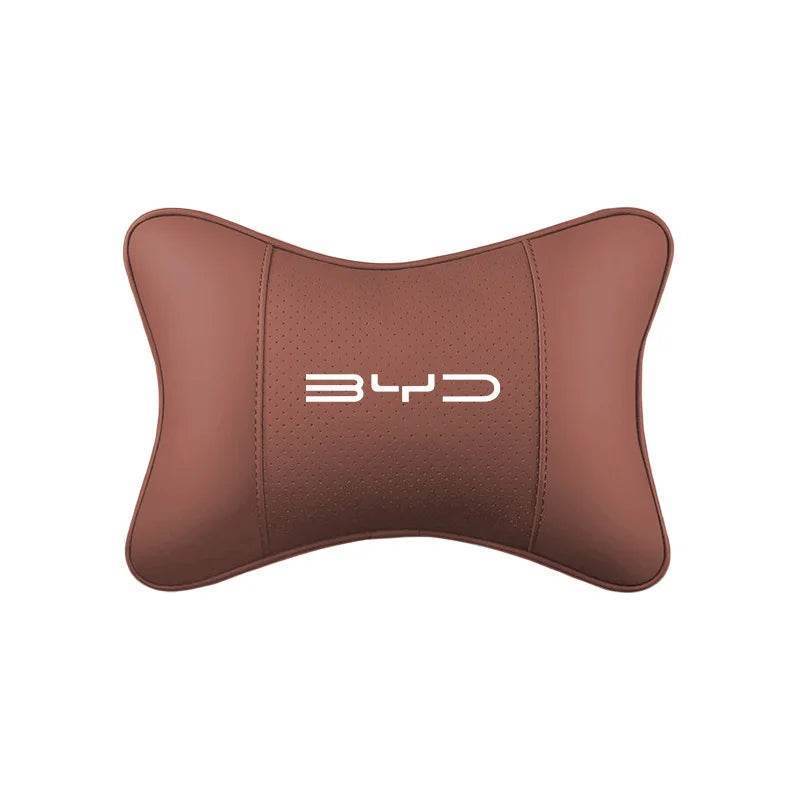 BYD Leather Car Neck Pillow Headrest Cushion - Head-Saddle brown