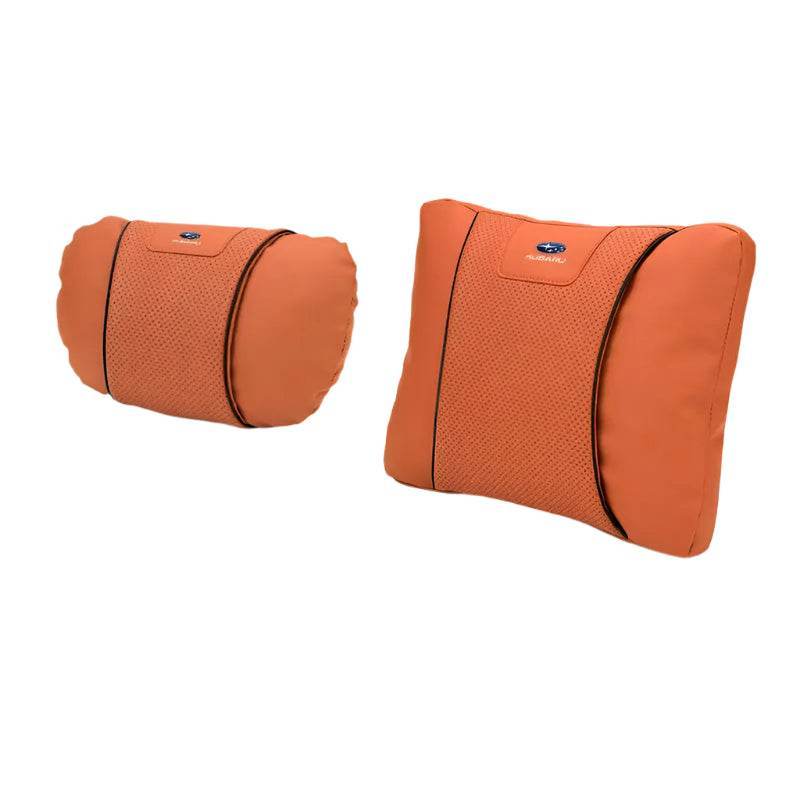 Subaru Leather Car Neck Pillow & Lumbar Support - set orange