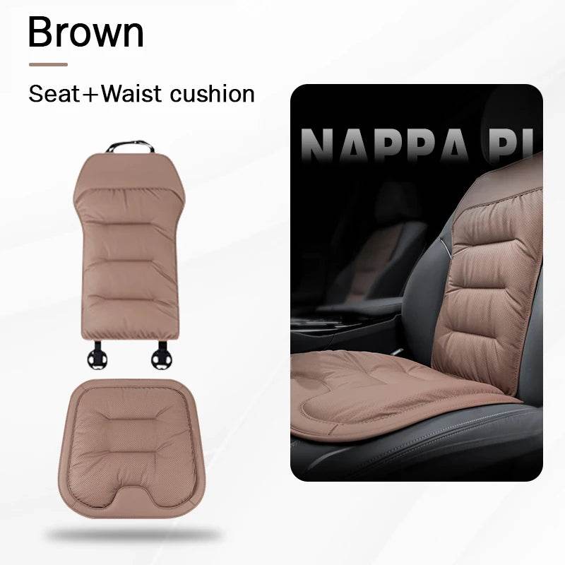 Car Seat Cushion – Leather, Waist Support, Four Seasons Protector - Brown Set