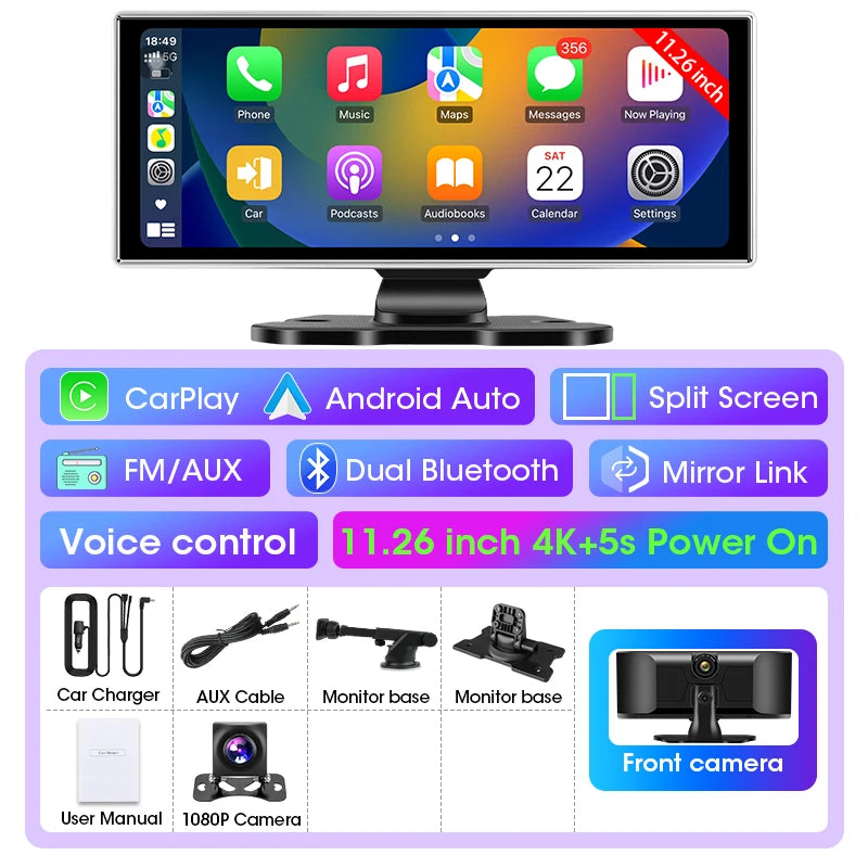 10"/11.26" 4K Dash Cam Car DVR with Wireless CarPlay & Android Auto – GPS Navigation, Dual Lens, WiFi, FM, AUX