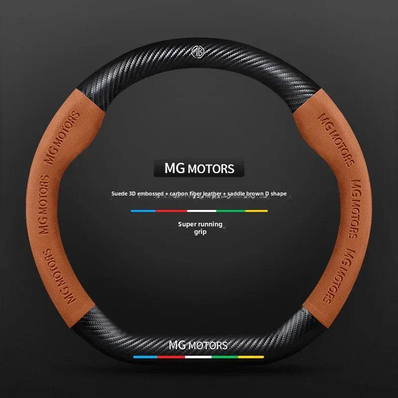 MG Accessories + Carbon Fiber & Wooden Steering Wheel Covers | Scorpion Seat Emblem, Necklace, Wooden Lantern - Mocha Brown D-shaped