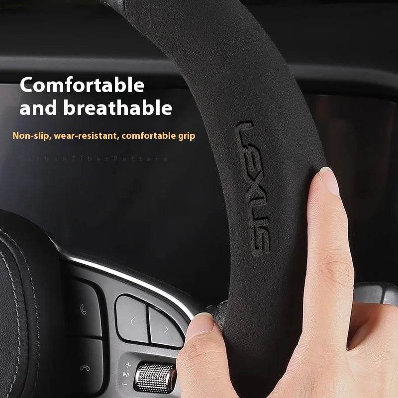 Lexus F SPORT Carbon Fiber Leather Steering Wheel Cover – Fits ES200, ES300, RX300, NX300, IS300, UX300, LX570, GX & More - Leather Black