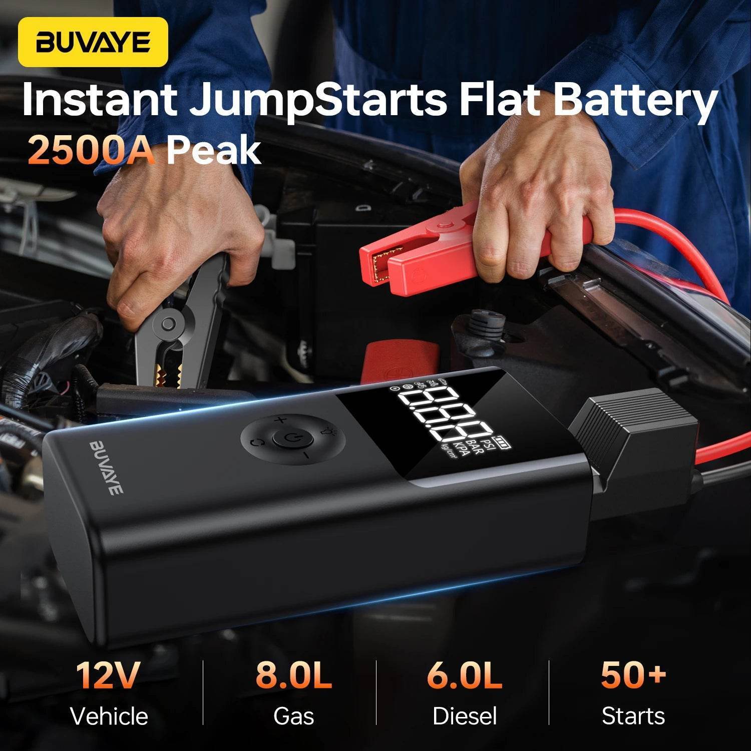 BUVAYE 2500A Portable Car Jump Starter 4-in-1 – 12V Battery Booster with 150PSI Air Pump for Gasoline & Diesel Engines - black