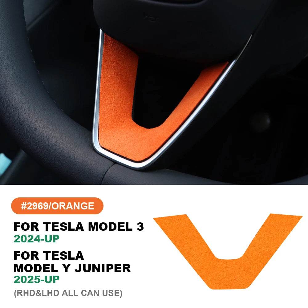 Tesla Model Y Steering Wheel Trim | Italian Suede Panel Stickers (2025+) - Orange