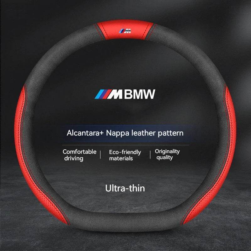 BMW Carbon Fiber Suede Leather Steering Wheel Cover - D-M Style C red