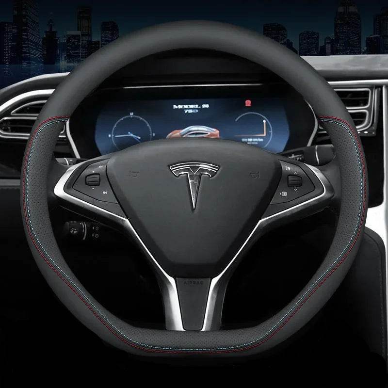 Tesla Premium Leather Steering Wheel Cover - 36 O BLACK