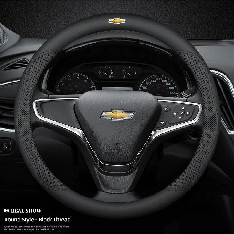 Chevrolet Leather Steering Wheel Cover - Black A Round