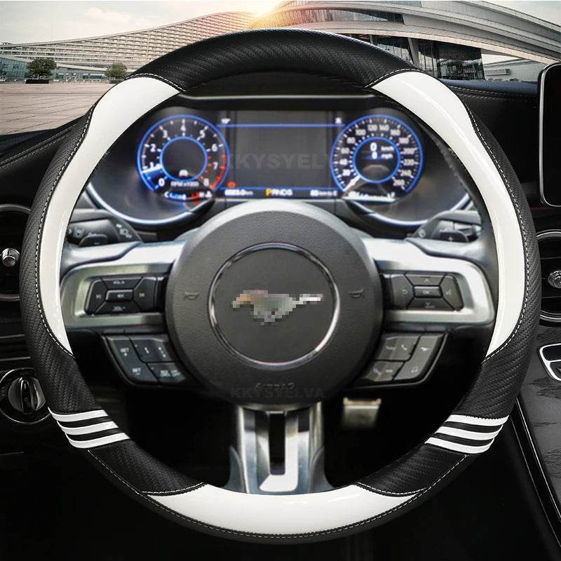Ford Mustang Carbon Fiber Leather Steering Wheel Cover - WHITE