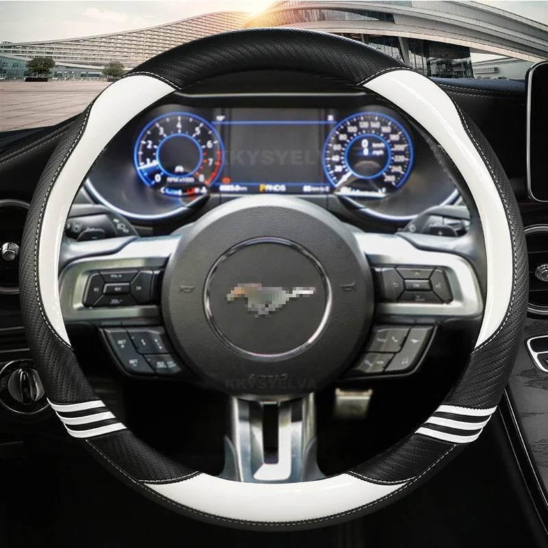 Ford Mustang Carbon Fiber Leather Steering Wheel Cover - WHITE